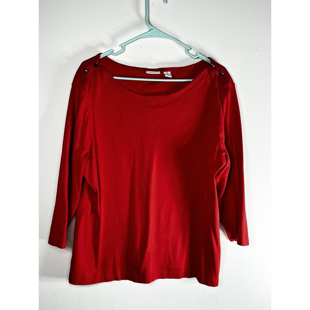 Chico's Shirt Womens 3 Red Boat Neck 3/4 Sleeve Button Shoulder Jersey Top